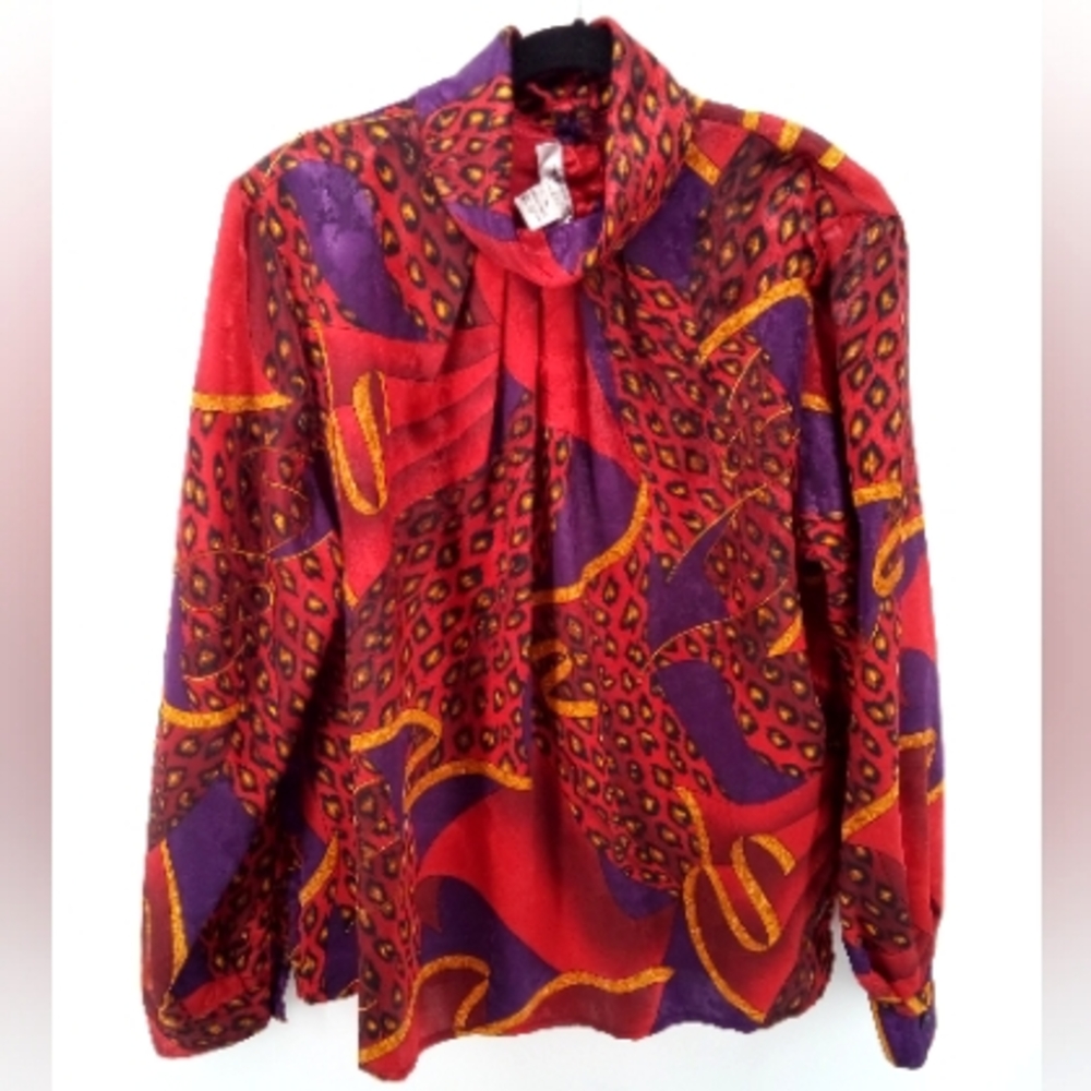 Vintage Laura & Jayne Shiny Polyester Red Purple Yellow Animal Print Graphic Top